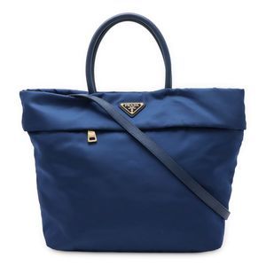 Prada Triangle Logo Tote Handbag 2WAY Shoulder Bag Nylon Leather Blue Blue Gold